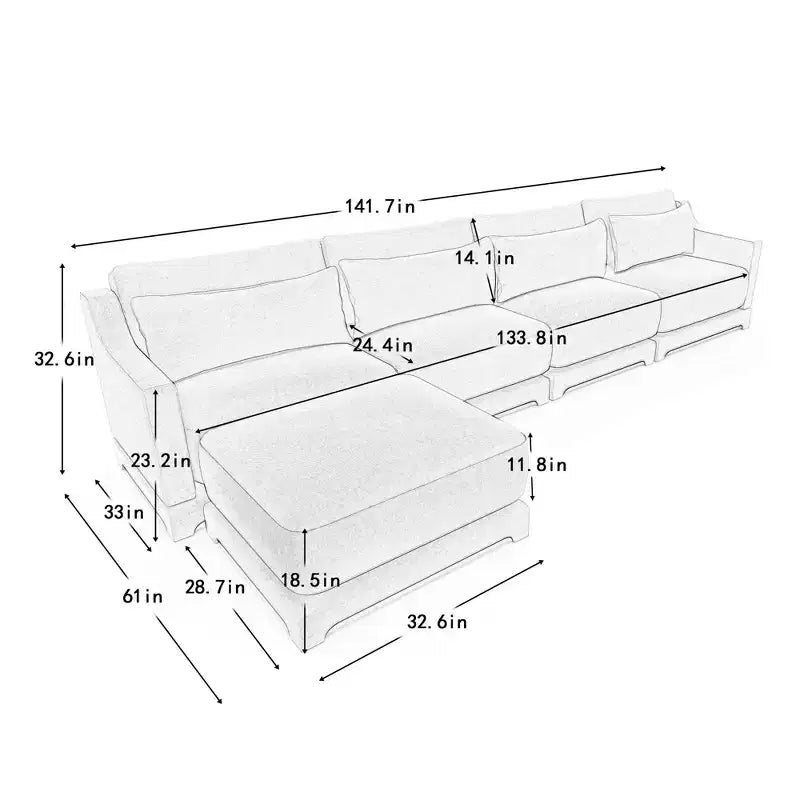 4-Seater Chenille Fabric Beige Sofa with 1 Movable Ottoman High Resilient Sponge Easy Install
