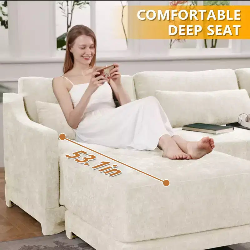 4-Seater Chenille Fabric Beige Sofa with 1 Movable Ottoman and Lumbar Pillow Solid Wood Frame High Resilient Sponge