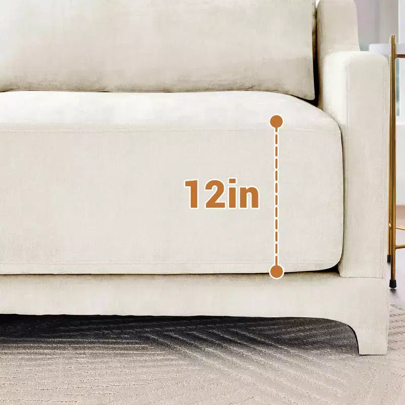 4-Seater Chenille Fabric Beige Sofa with 1 Movable Ottoman and Lumbar Pillow Solid Wood Frame High Resilient Sponge
