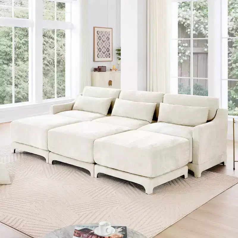3-Seater Chenille Fabric Beige Sofa with 3 Movable Ottomans and Lumbar Pillow High Quality Wooden Base High Resilience Sponge