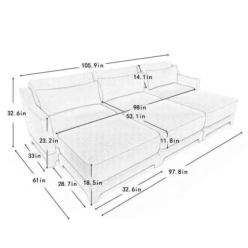 Canapé 3 places en tissu chenille beige avec 3 poufs mobiles et un coussin lombaire, base en bois de haute qualité, éponge haute résilience