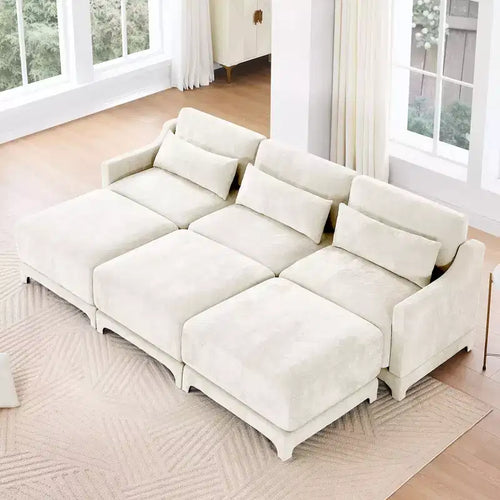 3-Seater Chenille Fabric Beige Sofa with 3 Movable Ottomans and Lumbar Pillow High Quality Wooden Base High Resilience Sponge