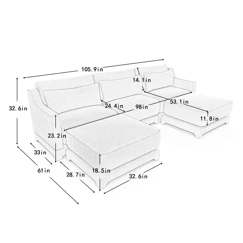 3-Seater Chenille Fabric Beige Sofa with 2 Movable Ottomans and Lumbar Pillow High-Resilience Sponge High Quality Wooden Base