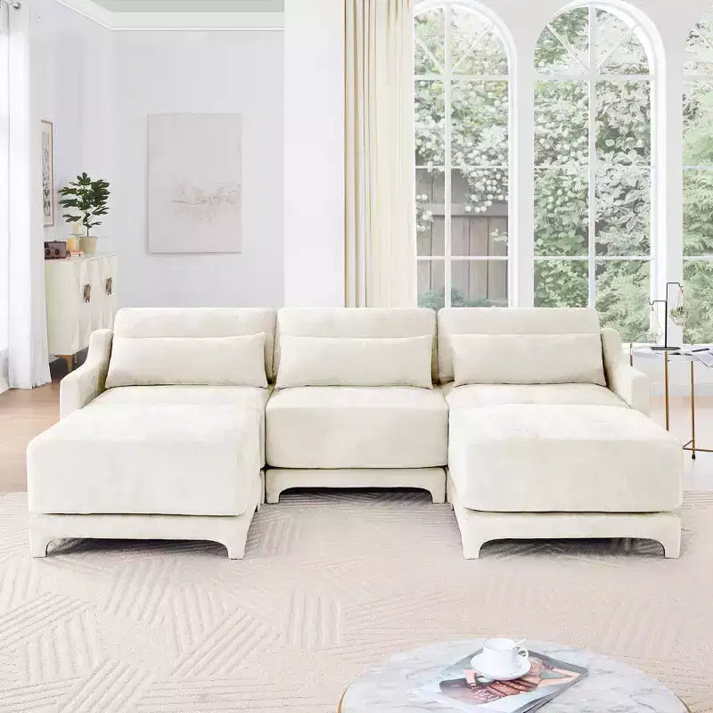 3-Seater Chenille Fabric Beige Sofa with 2 Movable Ottomans and Lumbar Pillow High-Resilience Sponge High Quality Wooden Base