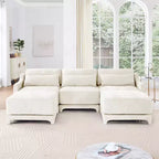3-Seater Chenille Fabric Beige Sofa with 2 Movable Ottomans and Lumbar Pillow High-Resilience Sponge High Quality Wooden Base