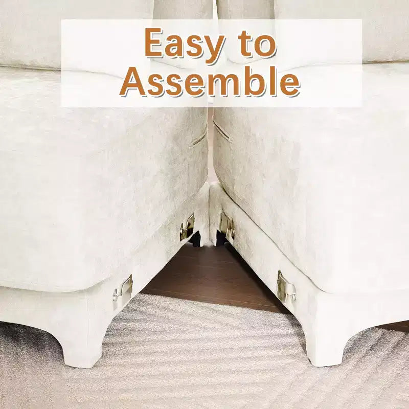 3-Seater Chenille Fabric Beige Sofa with 2 Movable Ottomans and Lumbar Pillow High-Resilience Sponge High Quality Wooden Base