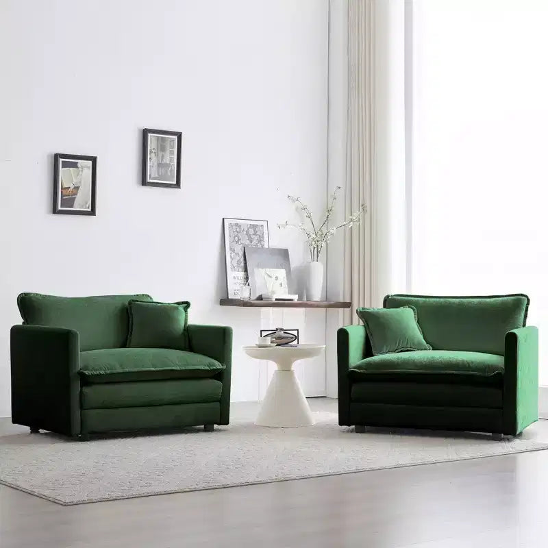 Set of 2 High End Chenille Upholstered Armchairs Living Room Side Chairs with Toss Pillow Green Chenille Accent Chairs Sofa