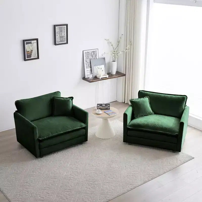 Set of 2 High End Chenille Upholstered Armchairs Living Room Side Chairs with Toss Pillow Green Chenille Accent Chairs Sofa