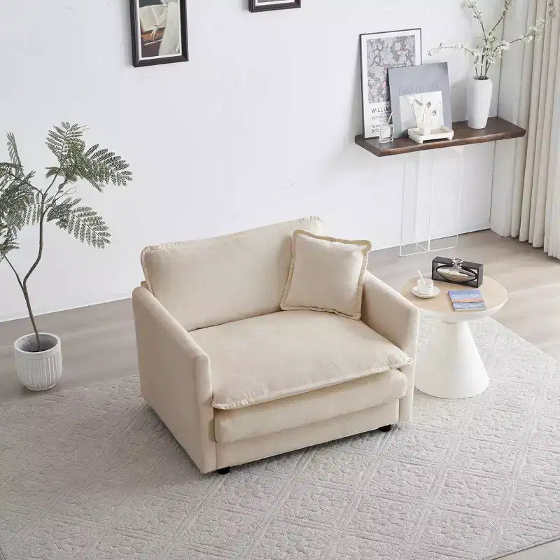 Comfy Deep Single Seat Sofa Upholstered Reading Armchair Living Room Chair White Chenille Fabric 1 Toss Pillow