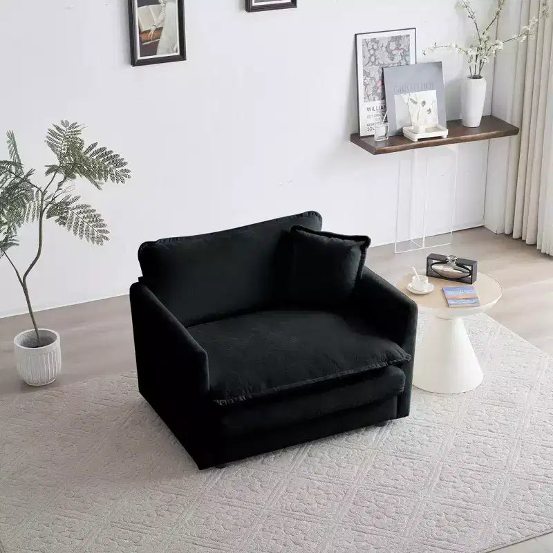 Comfy Deep Single Seat Sofa Upholstered Reading Armchair Living Room Chair White Chenille Fabric 1 Toss Pillow