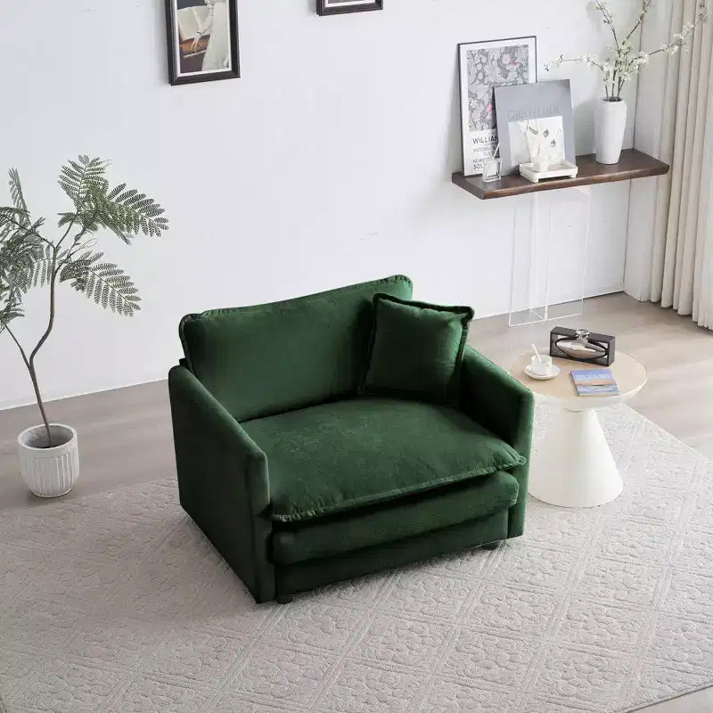 Comfy Deep Single Seat Sofa Upholstered Reading Armchair Living Room Chair White Chenille Fabric 1 Toss Pillow