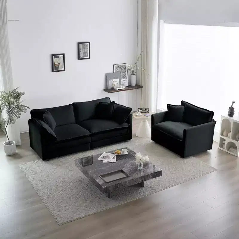 2 Pieces 3 seats Upholstered Chenille Sofa Living Room Couch Furniture Black Chenille