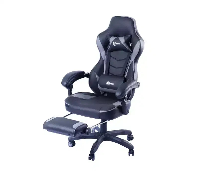 RadioShack Gaming Chair Black And Gray, Ergonomic Racing-Style Chair With Adjustable Height, Footrest, Lumbar Support, And Comfortable Padding