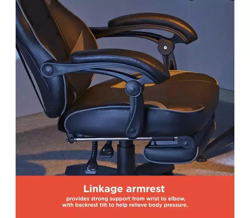 RadioShack Gaming Chair Black And Gray, Ergonomic Racing-Style Chair With Adjustable Height, Footrest, Lumbar Support, And Comfortable Padding