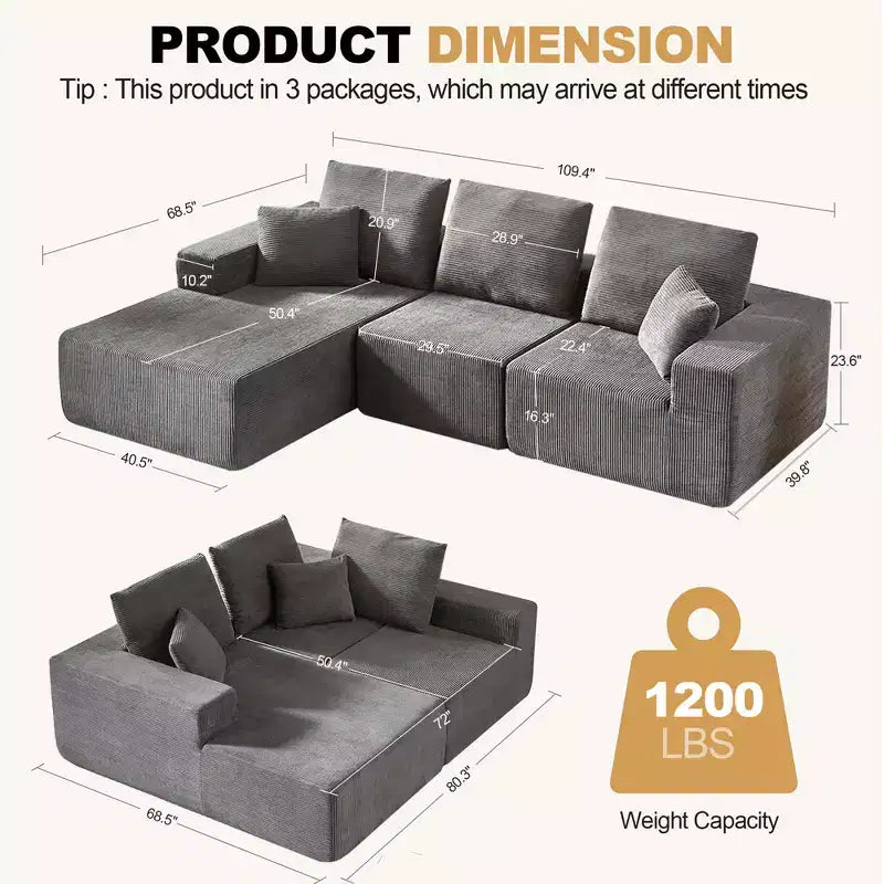 Canapé sectionnel modulaire Whisen avec méridienne, canapé en nuage en forme de L, aucun assemblage requis