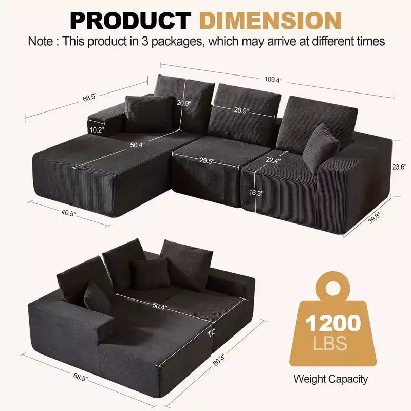 Canapé sectionnel modulaire Whisen avec méridienne, canapé en nuage en forme de L, aucun assemblage requis