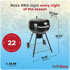 Barbecue charbon de bois Kettle Grill Boss, couvercle en porcelaine, grande surface de cuisson
