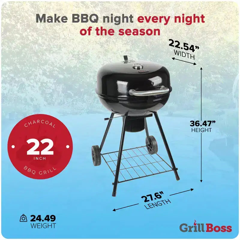 Barbecue charbon de bois Kettle Grill Boss, couvercle en porcelaine, grande surface de cuisson
