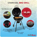 Barbecue charbon de bois Kettle Grill Boss, couvercle en porcelaine, grande surface de cuisson