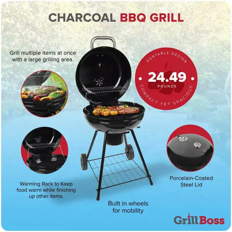 Barbecue charbon de bois Kettle Grill Boss, couvercle en porcelaine, grande surface de cuisson