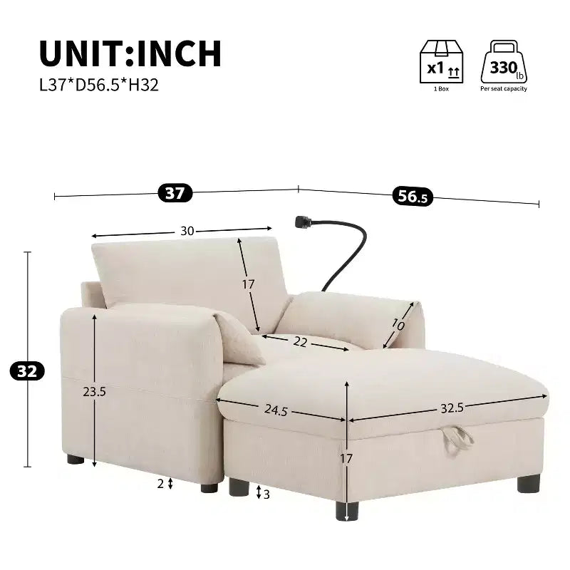 Merax Multifunctional Chenille Single Sofa with Storage Ottoman and Cushioned Armrest Pillows