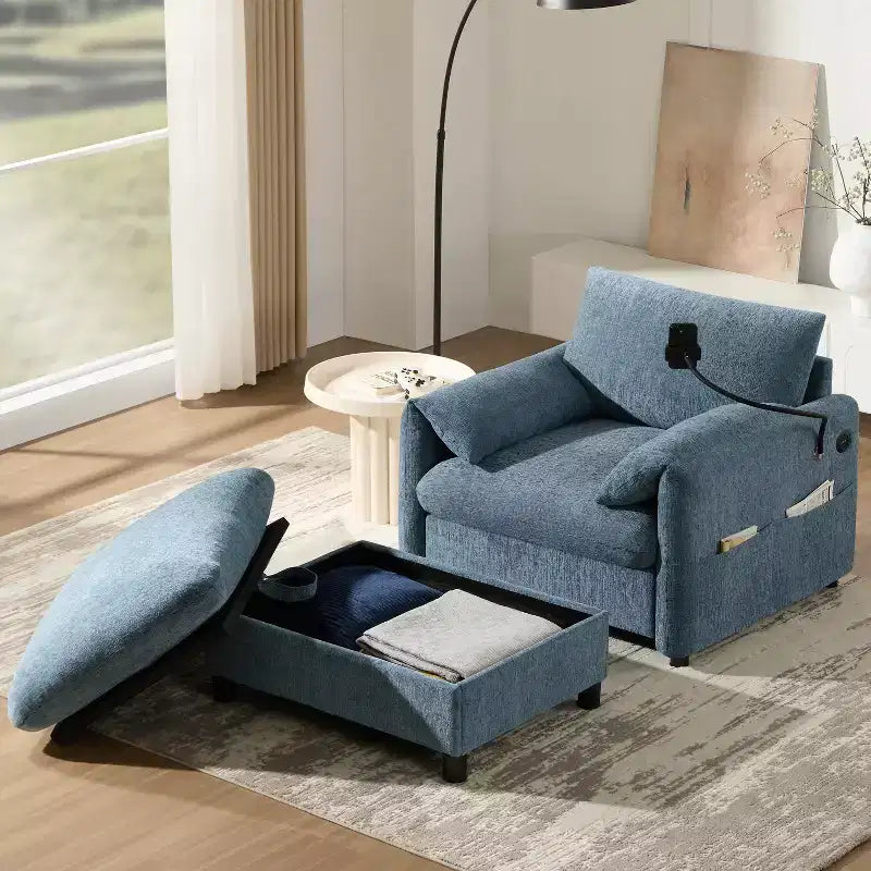 Merax Multifunctional Chenille Single Sofa with Storage Ottoman and Cushioned Armrest Pillows