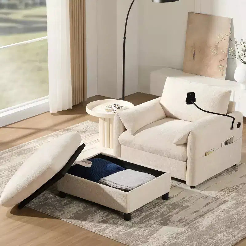 Merax Multifunctional Chenille Single Sofa with Storage Ottoman and Cushioned Armrest Pillows