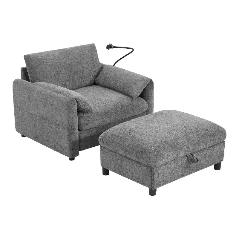 Merax Multifunctional Chenille Single Sofa with Storage Ottoman and Cushioned Armrest Pillows