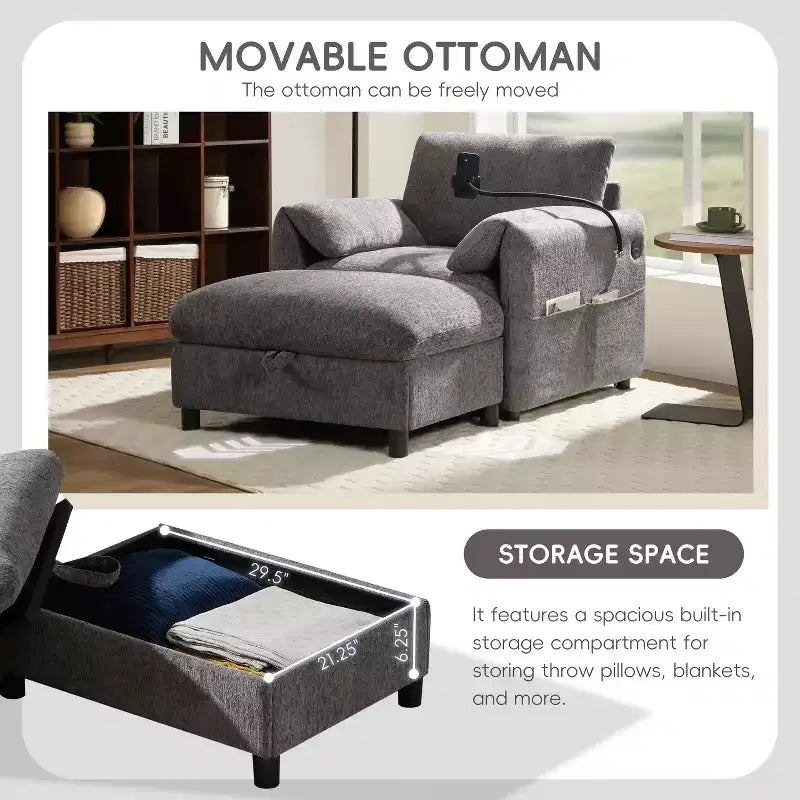 Merax Multifunctional Chenille Single Sofa with Storage Ottoman and Cushioned Armrest Pillows