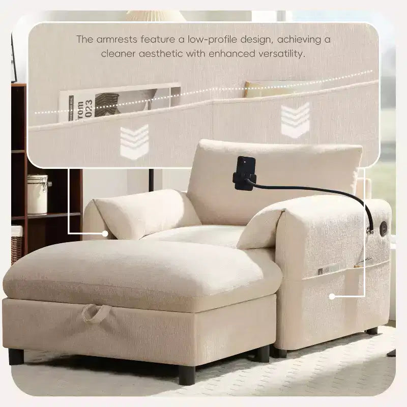Merax Multifunctional Chenille Single Sofa with Storage Ottoman and Cushioned Armrest Pillows