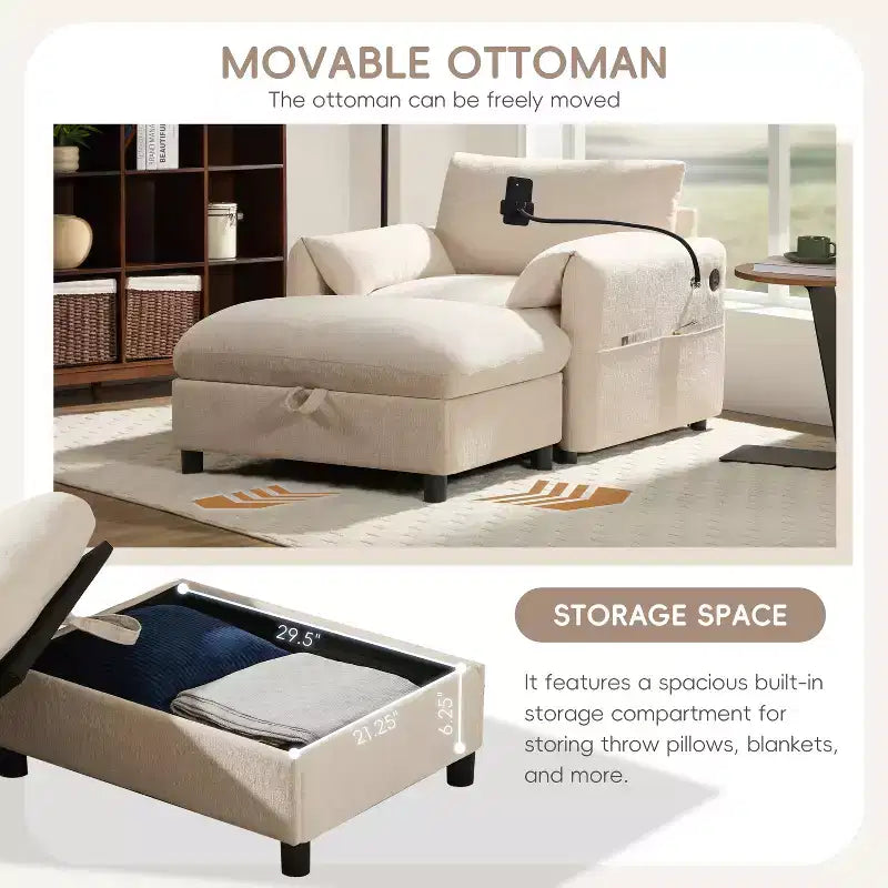 Merax Multifunctional Chenille Single Sofa with Storage Ottoman and Cushioned Armrest Pillows