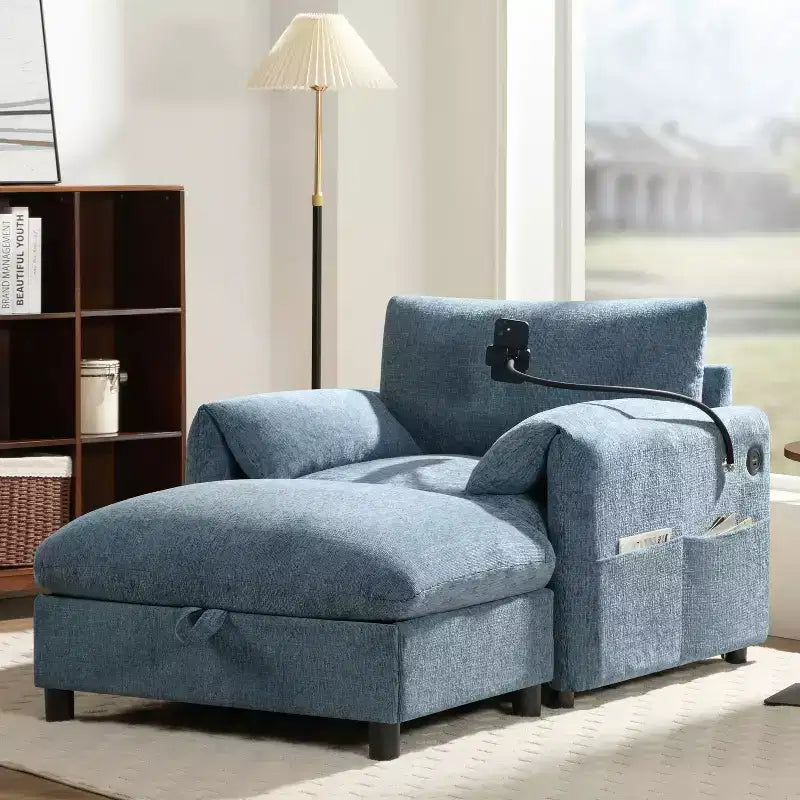 Merax Multifunctional Chenille Single Sofa with Storage Ottoman and Cushioned Armrest Pillows