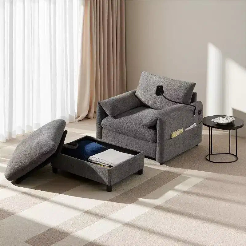 Merax Multifunctional Chenille Single Sofa with Storage Ottoman and Cushioned Armrest Pillows