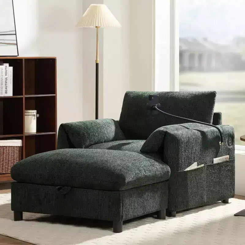 Merax Multifunctional Chenille Single Sofa with Storage Ottoman and Cushioned Armrest Pillows