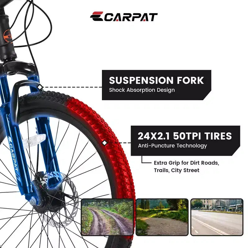 NAYSAYE Bicycle 24 Inch Mountain Bike 21 Speeds Steel Frame for Boys and Girls for Off Road Adventures, Black and Orange, 56.3*7.88*28.35