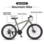 NAYSAYE Bicycle 24 Inch Mountain Bike 21 Speeds Steel Frame for Boys and Girls for Off Road Adventures, Gray, 56.3*7.88*28.35