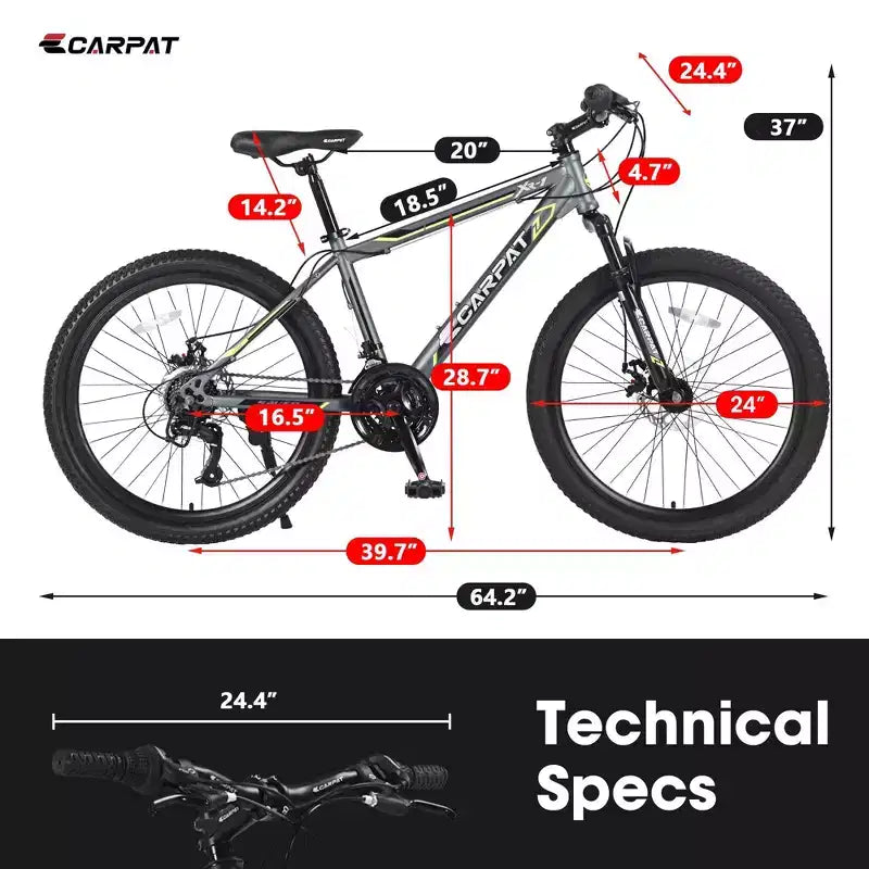 NAYSAYE Bicycle 24 Inch Mountain Bike 21 Speeds Steel Frame for Boys and Girls for Off Road Adventures, Gray, 56.3*7.88*28.35