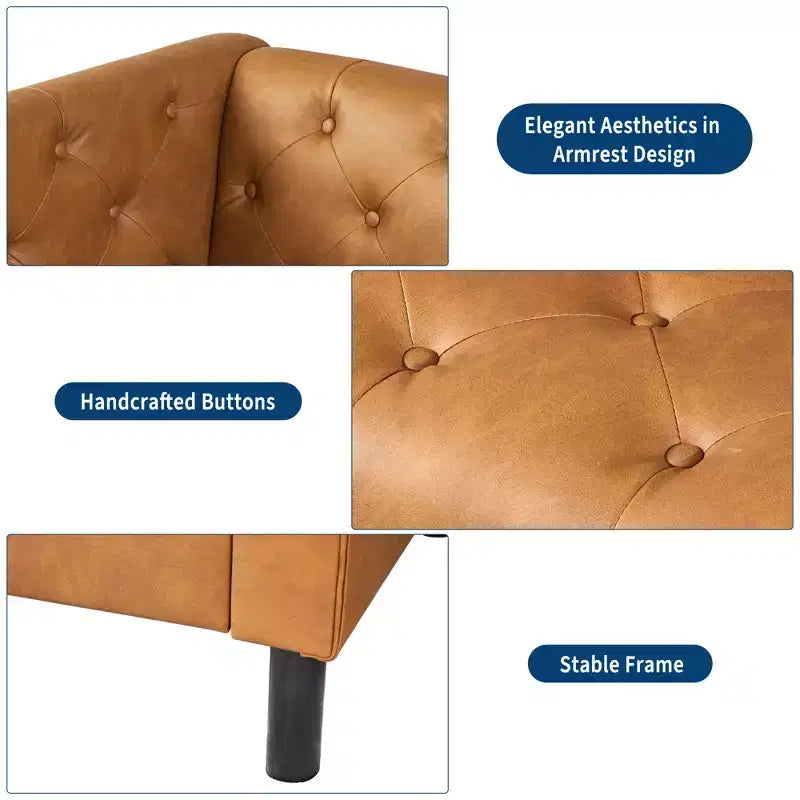81 Mid-Century Modern Leather Sofa, Button-Tufted 3 Seater Sofa, with Deep Seats and 2 Pillows, for Living Room