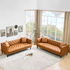 81 Mid-Century Modern Leather Sofa, Button-Tufted 3 Seater Sofa, with Deep Seats and 2 Pillows, for Living Room