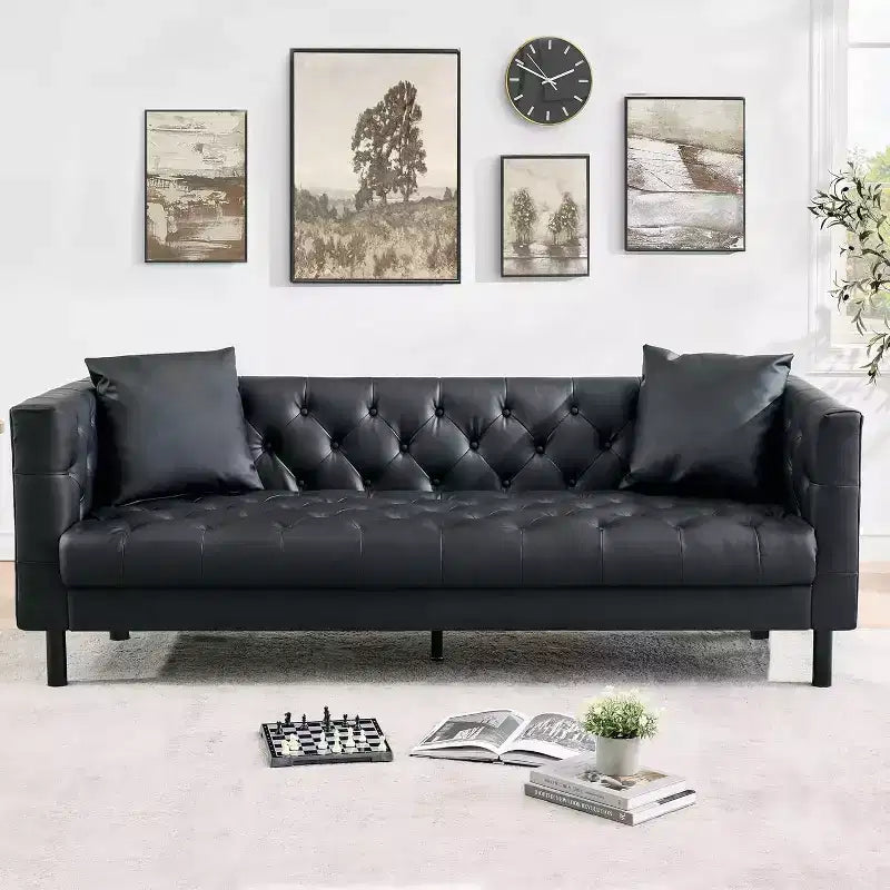 Canapé Chesterfield 3 places en cuir PU de 78", fait main, capitonné avec boutonnage, assise profonde et 2 oreillers, accoudoirs roulés, pour salon, appartement