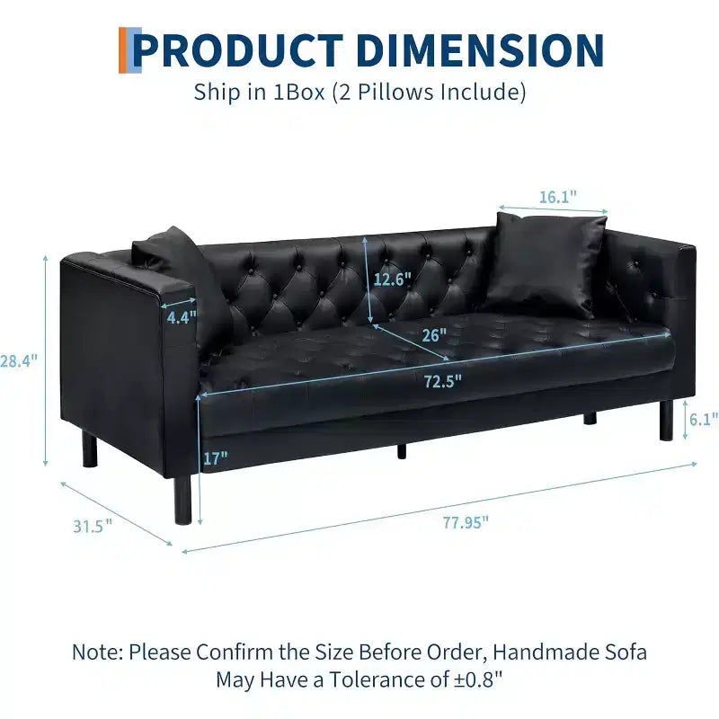Canapé Chesterfield 3 places en cuir PU de 78", fait main, capitonné avec boutonnage, assise profonde et 2 oreillers, accoudoirs roulés, pour salon, appartement