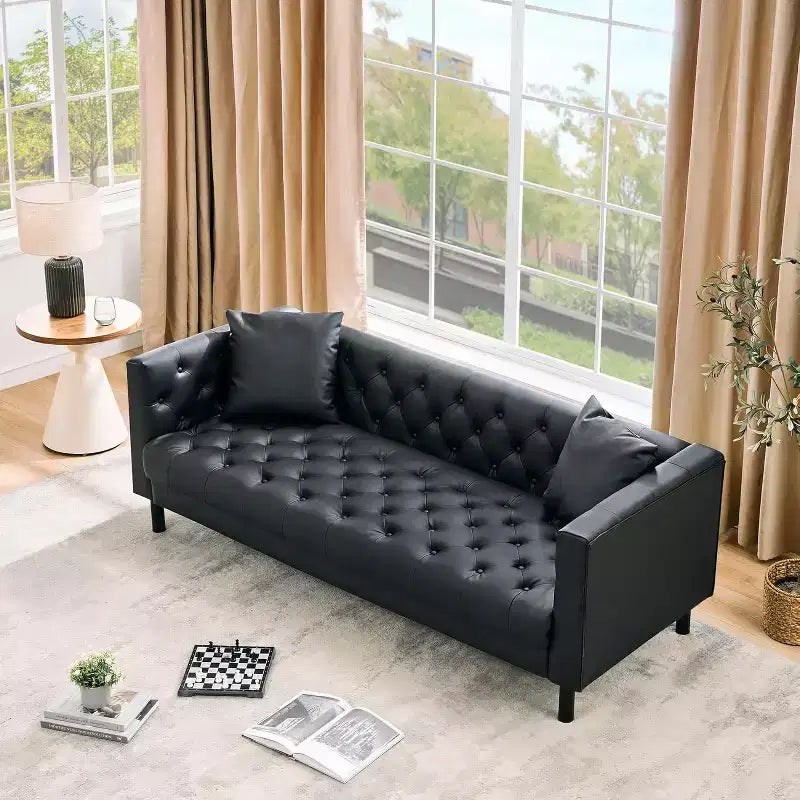 Canapé Chesterfield 3 places en cuir PU de 78", fait main, capitonné avec boutonnage, assise profonde et 2 oreillers, accoudoirs roulés, pour salon, appartement