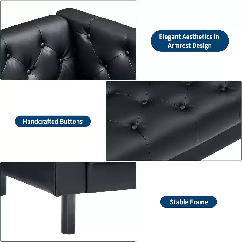 Canapé Chesterfield 3 places en cuir PU de 78", fait main, capitonné avec boutonnage, assise profonde et 2 oreillers, accoudoirs roulés, pour salon, appartement