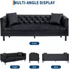 Canapé Chesterfield 3 places en cuir PU de 78", fait main, capitonné avec boutonnage, assise profonde et 2 oreillers, accoudoirs roulés, pour salon, appartement