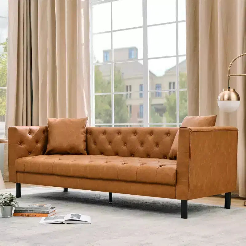 81 Canapé Chesterfield en cuir - Canapé 3 places capitonné pour salon (Cognac Tan)