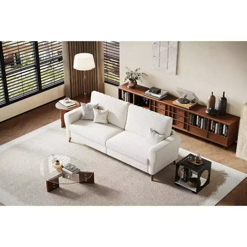 Canapé de 84 po, grand canapé deux places avec accoudoirs profilés et pieds en bois, canapé moderne en tissu bouclé, blanc