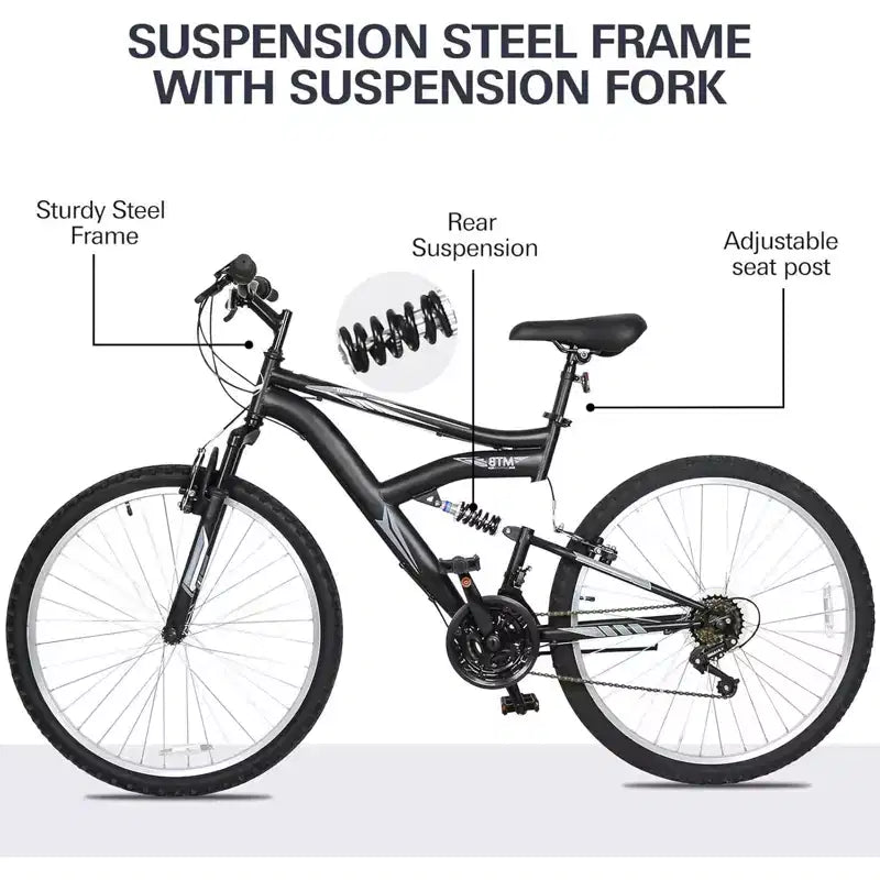 hykolity VTT 26 pouces Vélo de sport 18 vitesses VTT Cyclisme pour Adultes Hommes Femmes 14 ans et plus Vélos de sport extérieur Noir Vélo à double suspension intégrale