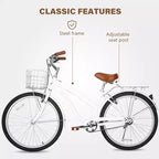 hykolity Vélo de plage 26 pouces, vélo de ville, vélo de navette pour femme adulte de 152 à 183 cm, panier avant, porte-bagages arrière, blanc pâle