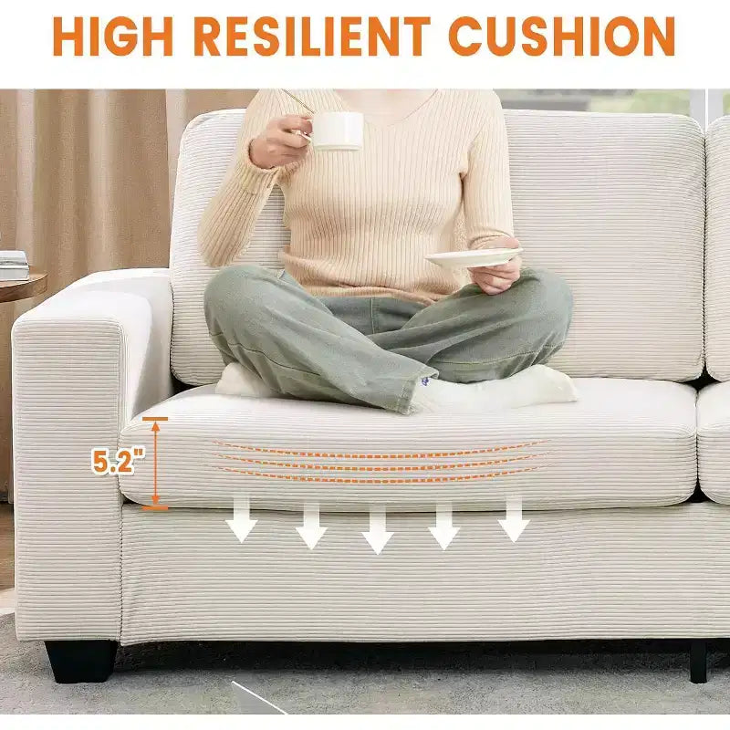 Garvee Modern Sofa, 3-Seater Corduroy Couch with Wide Armrests, Removable Washable Cushion Covers for Living Room, Bedroom