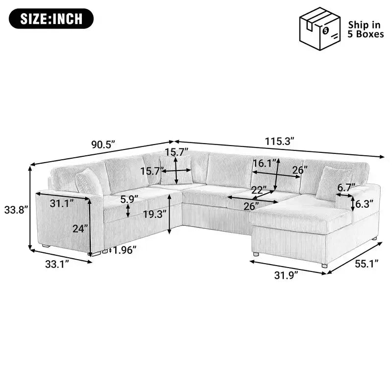 Whisen Corduroy Oversized Sectional Sofa with a Chaise Lounge and Three Soft Throw Pillows